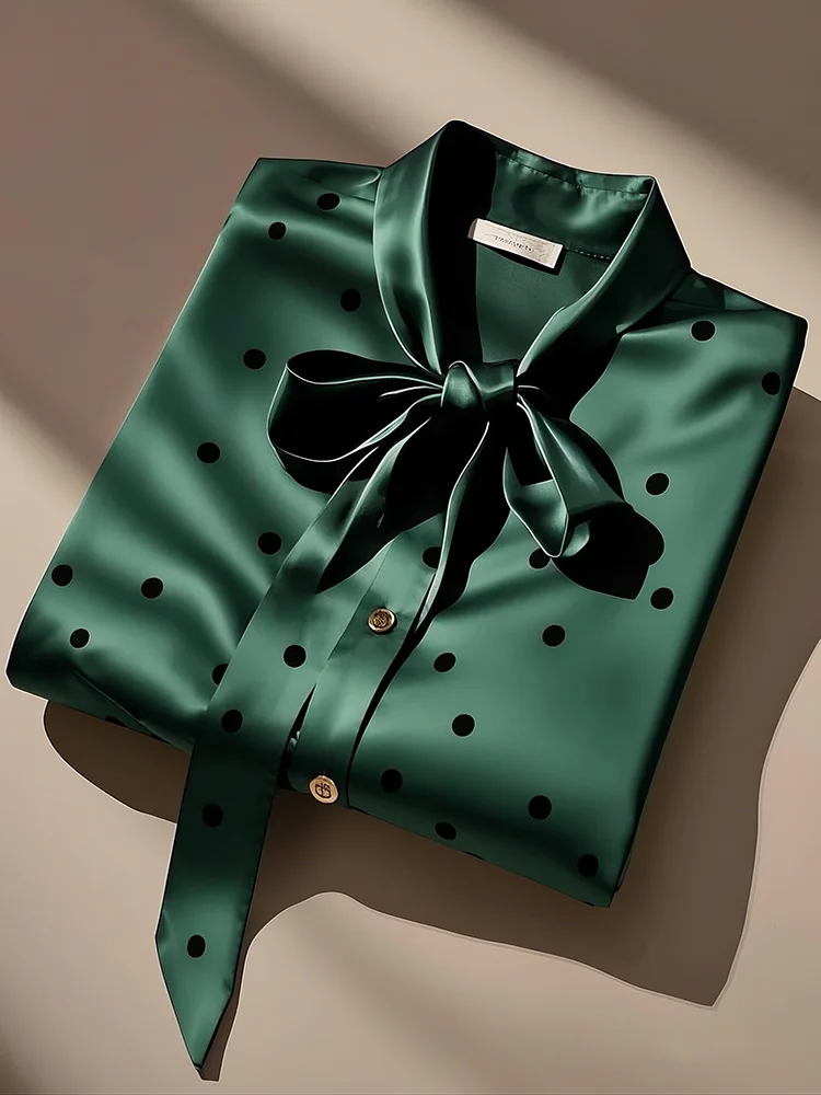 

Женская блузка Ele, весна 2026, элитная, изумрудно-зеленая, в горошек, французский стиль, свободный крой, с принтом, длинный рукав