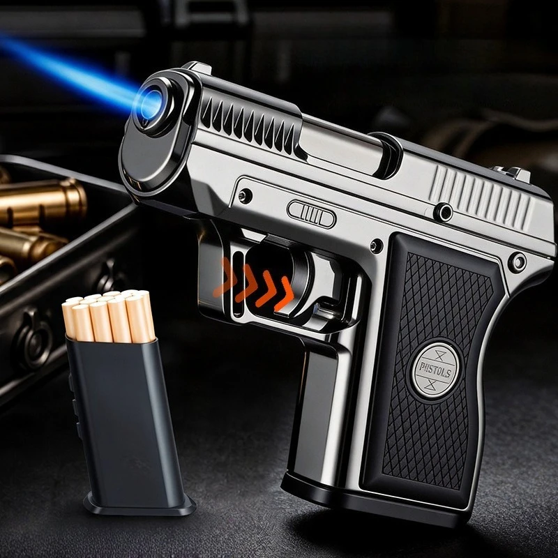 2027 Neues Personalisiertes Blaues Flammen-Zigarettenetui Pistolenförmiges Feuerzeug, Neues Personalisiertes Geschenk für Männer