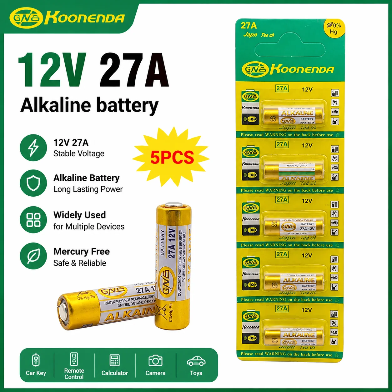 5PCS 27A 12V Dry Alkaline Battery for Doorbell,walkman,Car Alarm,Remote Control A27 27A G27A MN27 MS27 GP27 V27GA ALK27A A27BP