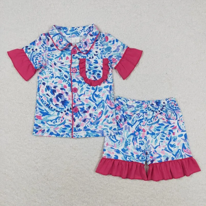 

New rts baby girl summer suit wholesale boutique turtle deep sea pattern rose red lace short sleeve shorts pajamas clothing GSSO