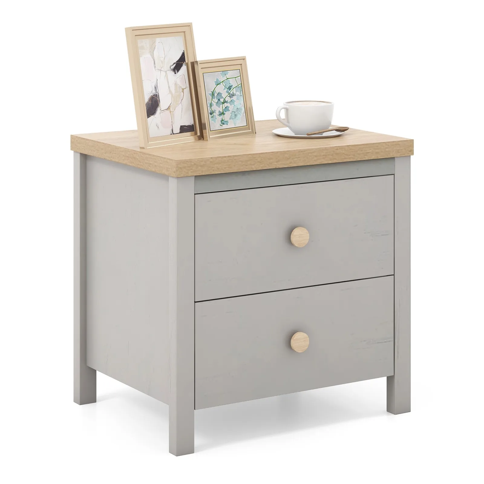 

Nightstand Farmhouse Side End Table w/ Solid Wood Legs & 2 Drawers for Bedroom