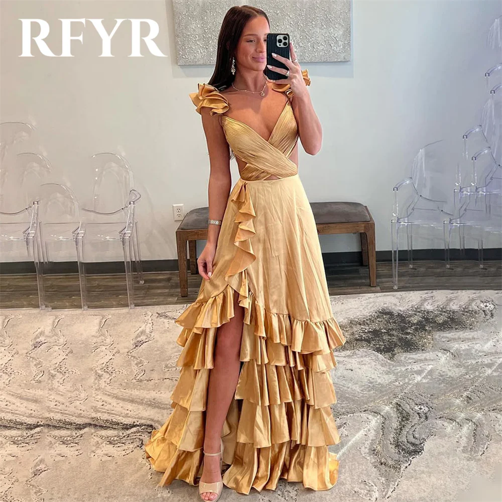 

RFYR Dubai Yellow Elegant Evening Dress with Pleats Arabic Israel Prom Dresses Tank Tiered Split Formal Party Gown Customized