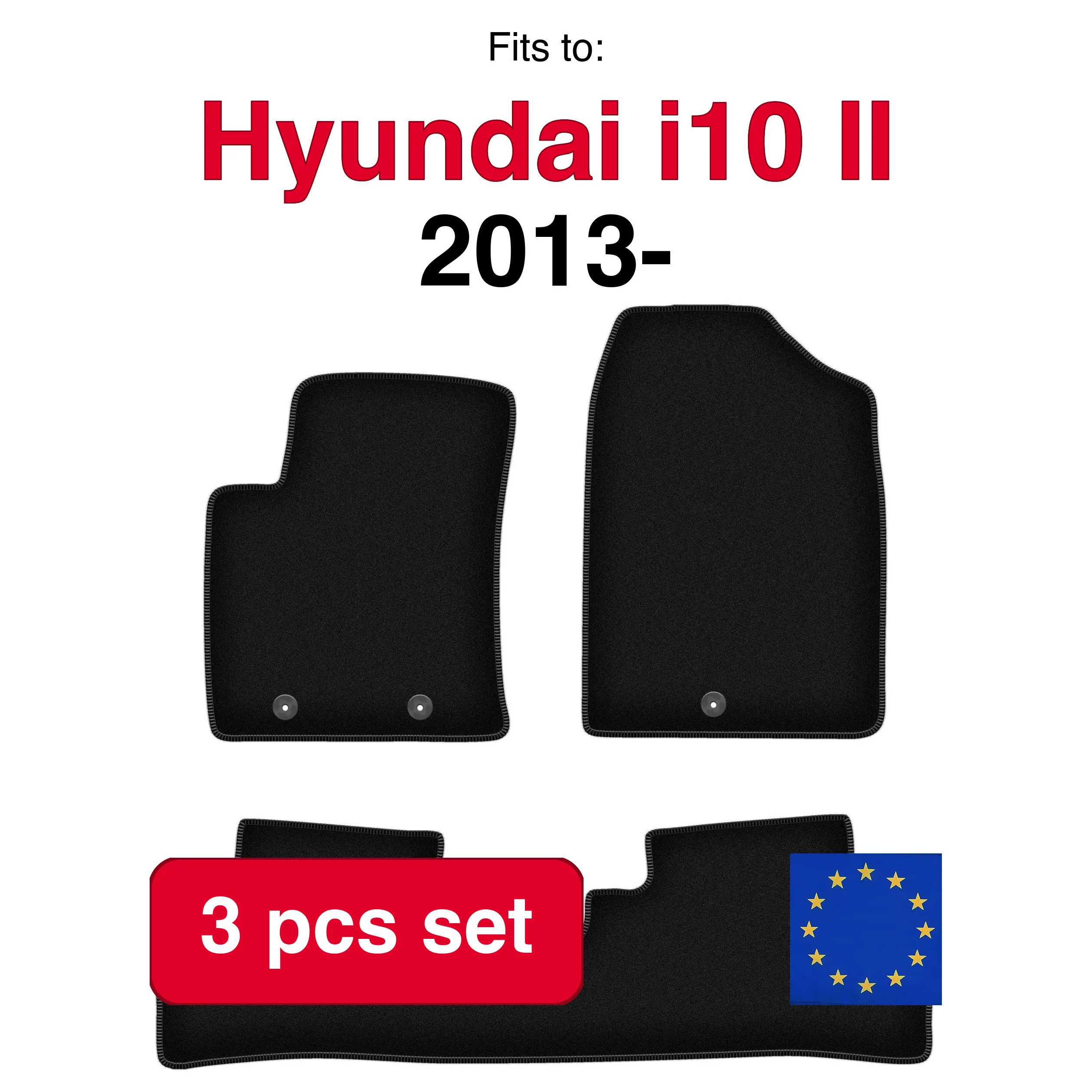 Ensemble de tapis en velours pour Hyundai i10 II hayon (2013-) -Noir (3 pièces)