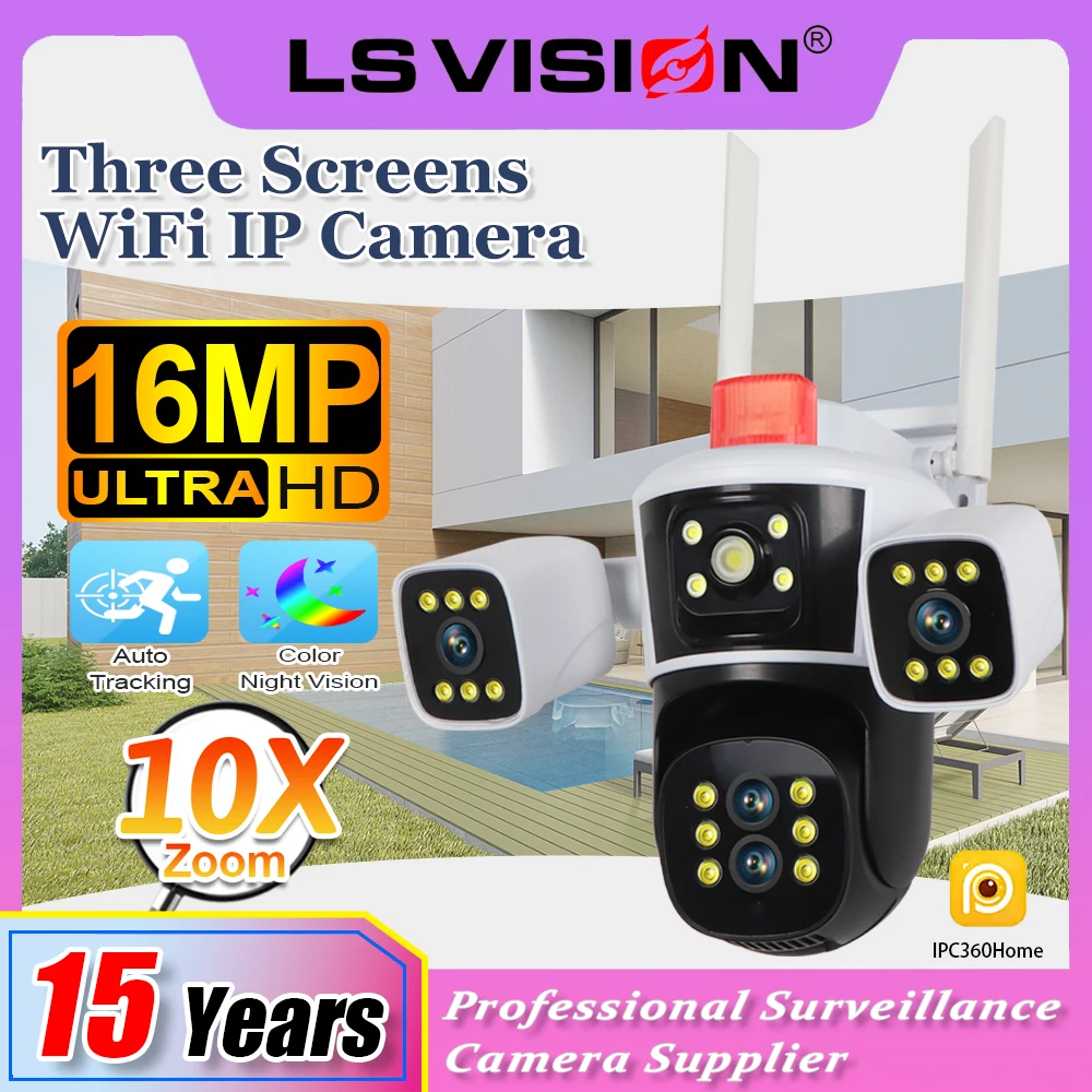 

LS VISION 8K 10X Zoom Surveillance Camera 16MP WiFi Three Screens IP Camera PTZ Human Auto Tracking Waterproof Security Camera