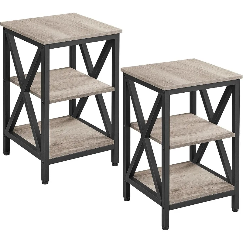 Industrial Side Table Set 2 Piece, 3 Tier Side Table with Storage Shelf for Living Room, X Design Sofa Table Sturdy Metal Frame