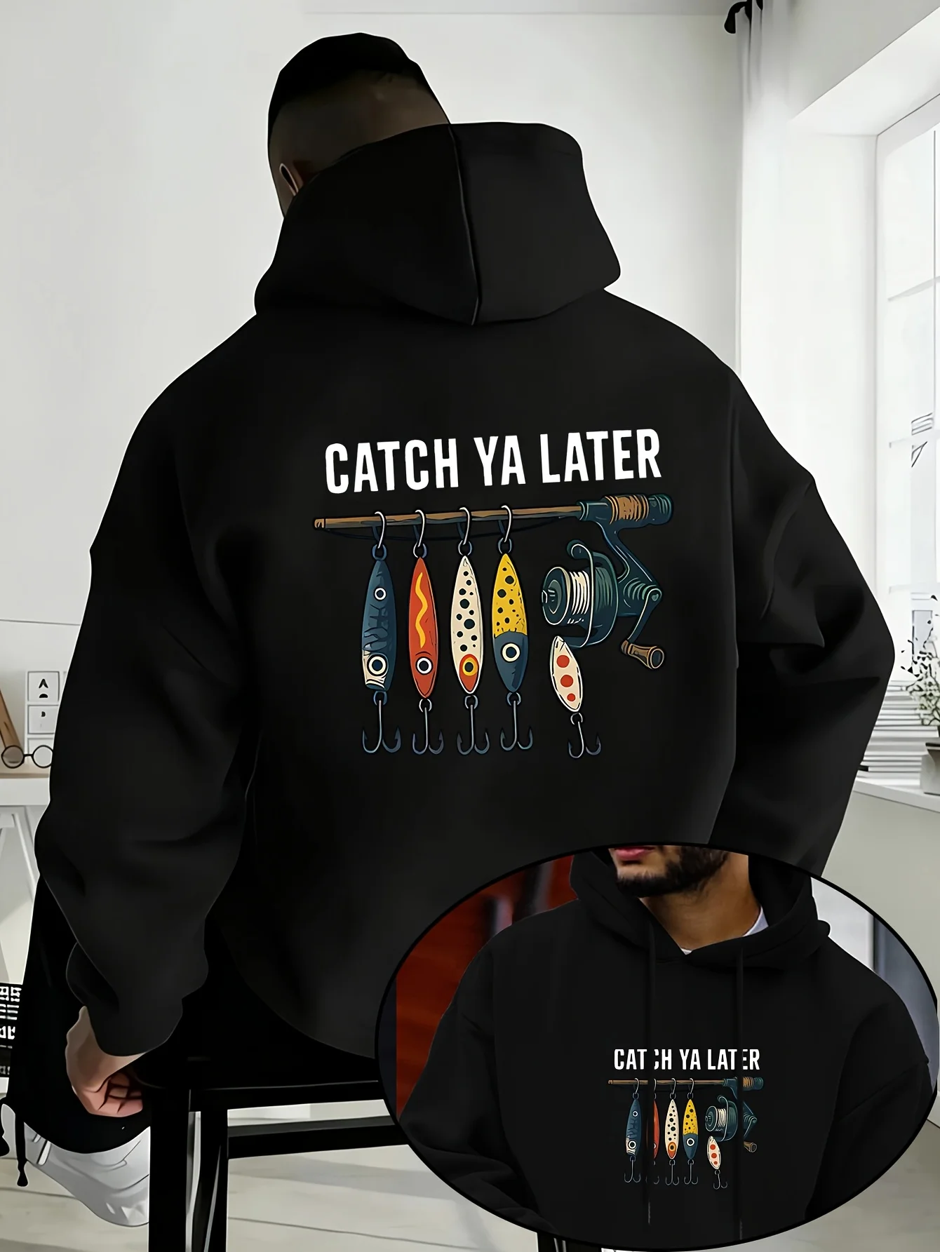 Herren Catch Ya Later Hoodie Beige Oversized Angelköder-Grafik Pullover Fischer Streetwear Sweatshirt Herbst Winter – Detail 2