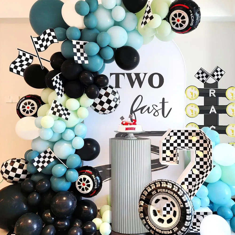 

115Pcs Race Car Party Balloons Arch Kit Blue Black Green With Wheels Foil Balloon For Kids Racing Car Theme Two Fast Party Decor