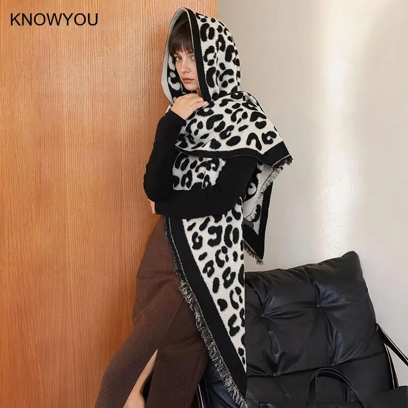 

Новинка 2025 года, искусственный кашемир, леопардовый принт, шрам, пашмина, Mujer Femme, платок Bufanda, женский теплый и толстый хиджаб Echarpes Bufanda