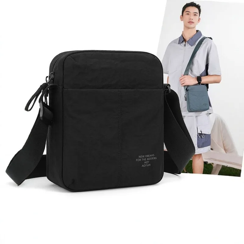 AOTIAN Men Black Nylon Oxford Crossbody Bag with Wide Strap Casual Messenger Shoulder Bag Minimalist Travel Daypack for Daily