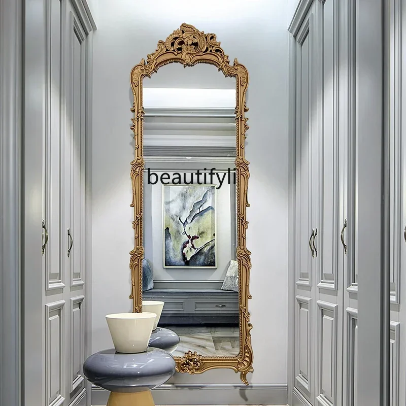 NQ American retro full-length mirror sub-carved wall-mounted mirror light luxury fitting mirror cloakroom French style