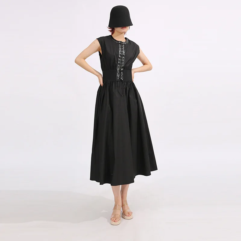 

High Quality Slim Lace Up Long Dresses Spring Women Sleeveless Black Big Swing Dress Summer High Waist Casual Knee Length Dress