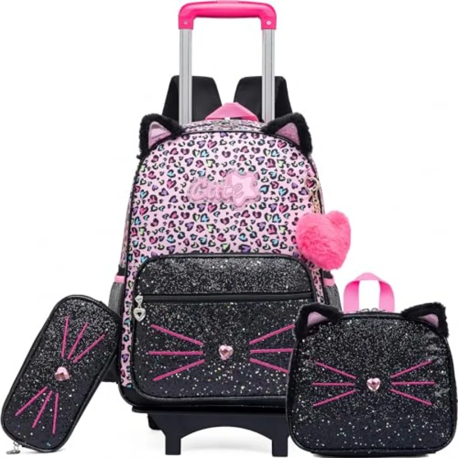 

Meetbelify Girls Cute Backpack with Wheels for Elementary Students Black Travel Luggage