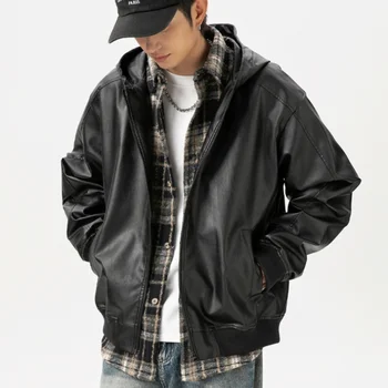 American Retro leather jacket men's autumn winter splicing design functional loose hooded leather jacket cool men's casual leather jacket