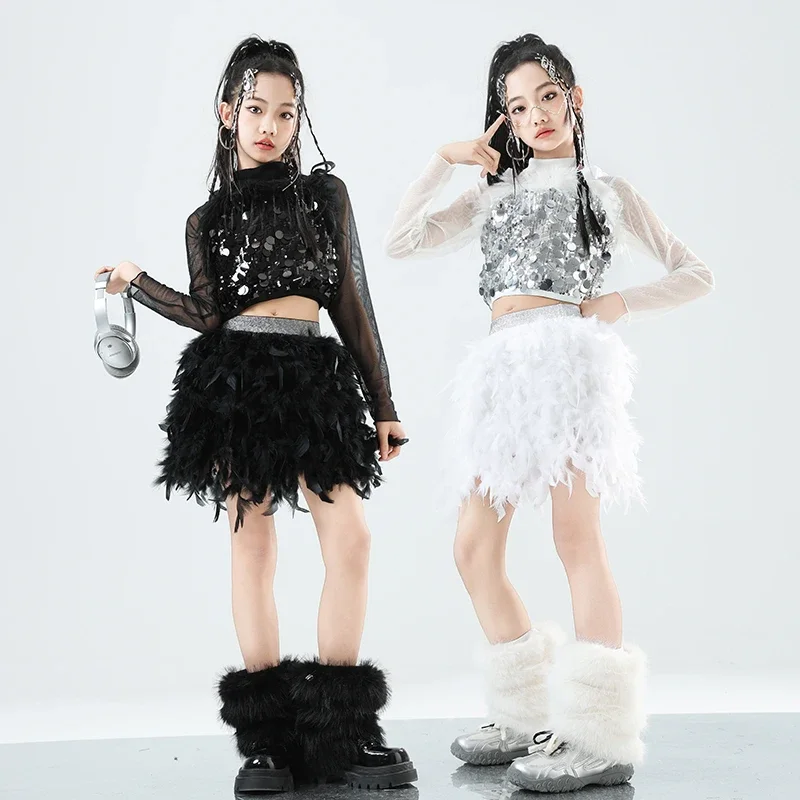 Girls K-pop Silver Sequins Mesh Crop Top Street Dance Skirt Kids Hip Hop Shiny Streetwear Children Jazz Girl Group Clothes Sets