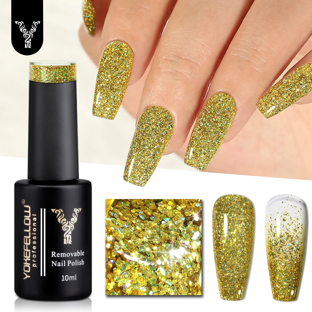 

YOKEFELLOW Glitter Gel Nail Polish 10ml Gold Yellow Sparkly Gel Polish LX06 Shiny Glitter Soak Off UV Gel for Nail Art DIY Gift