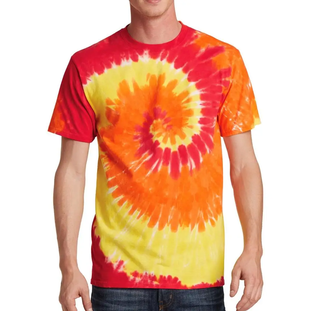 Red and yellow swirling tie-dye T-shirt, classic hippie style for men, vibrant spiral pattern short-sleeved crew neck casual top