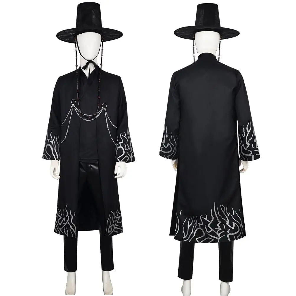Kostum Pemburu Iblis K-POP Dewasa Pria Jinu Penyanyi Pop Cosplay Pakaian Halloween dengan Mantel Tunik Jubah Topi