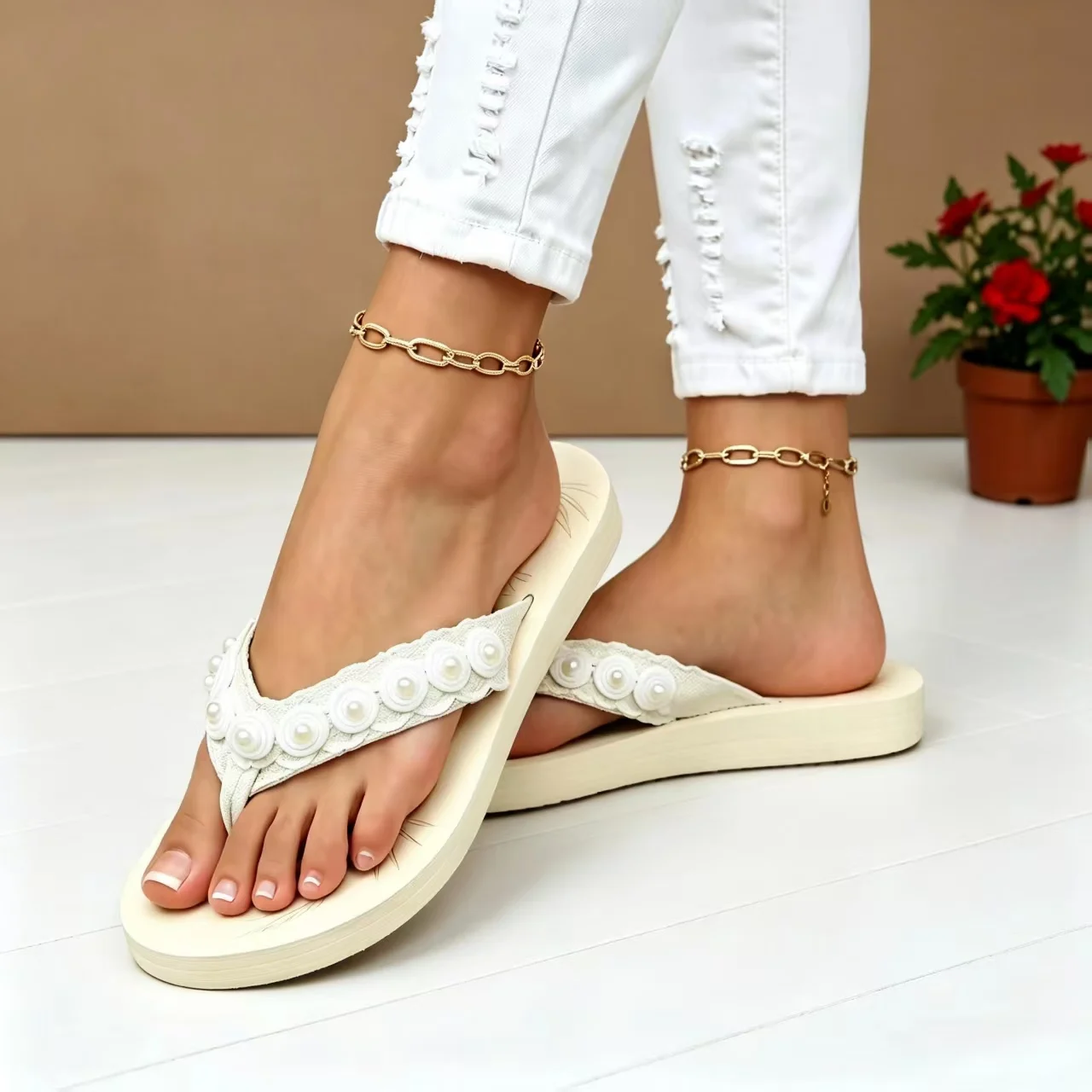 Bohemia Pearl Decorat Platform Flip Flops Women Summer 2026 Soft EVA Non Slip Clip Toe Sandals Woman's Designer Beach Slippers