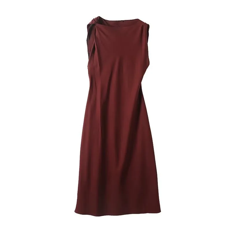 

ZBZA Women's Satin Midi Dress Retro Simple Slim Fit Round Neck High Waist Pleated A-line Dress Spring Summer New Female Chic Top