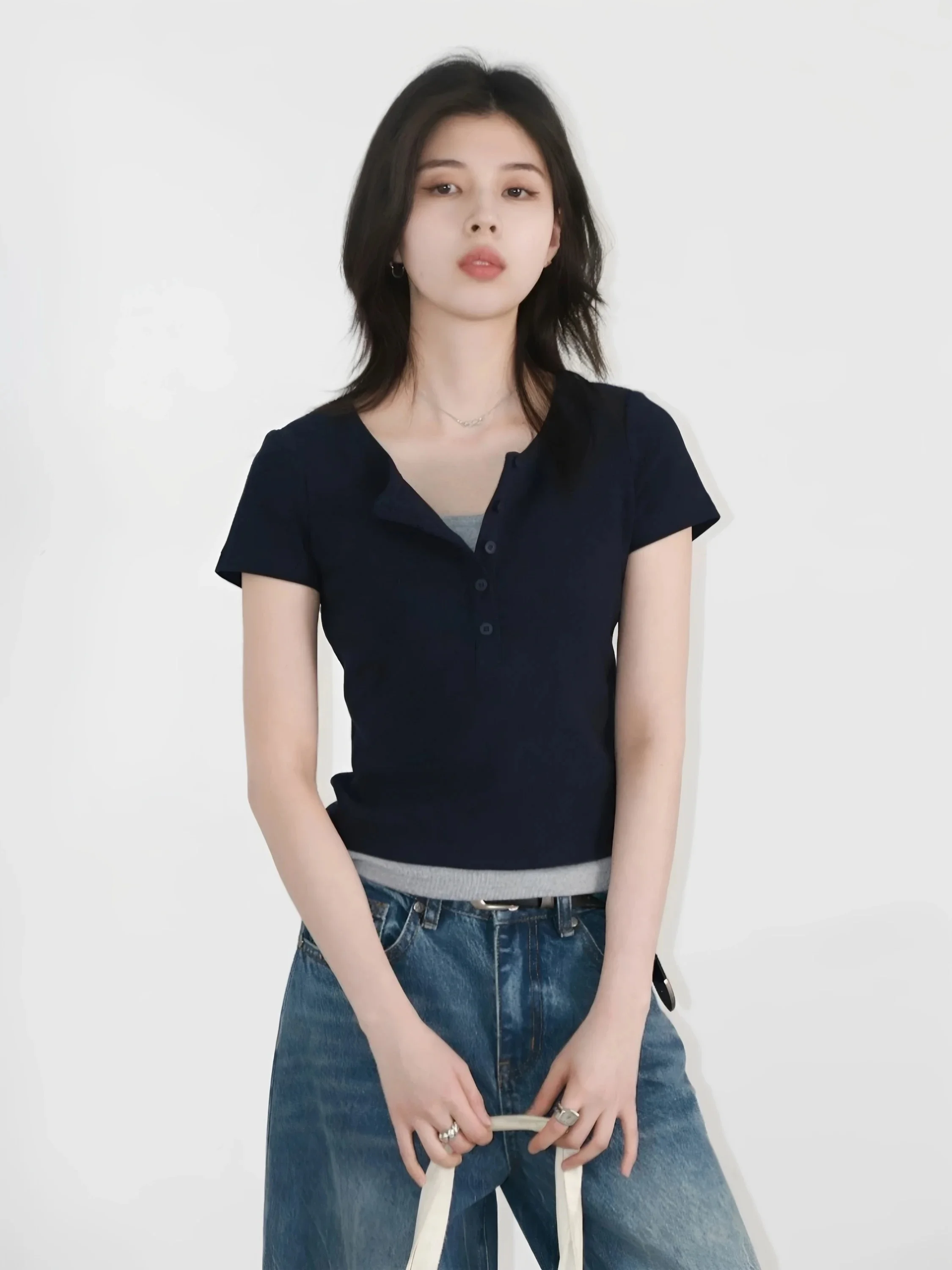 Summer New Style 95 Cotton Short Sleeve T-Shirt Women's Henry Collar Fake Two-Piece Cotton Polyester Blend Breathable Casual Top