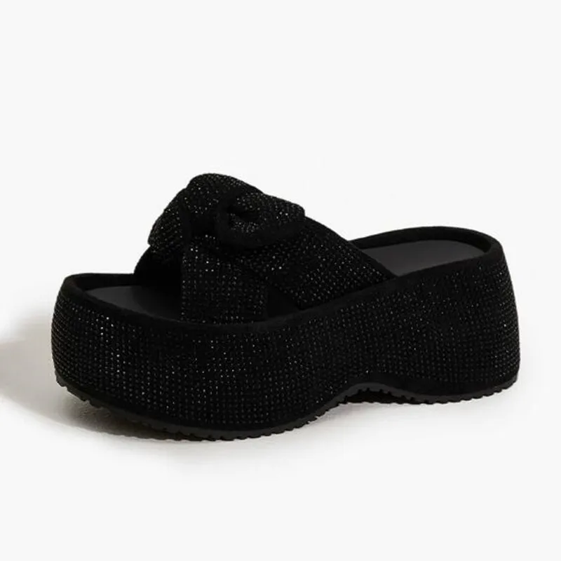 

8cm 2026 New Synthetic Microfiber Leather Women Sandals Flats Chunky Sneakers Hollow Bling Slippers Platform Wedge Flats Shoes