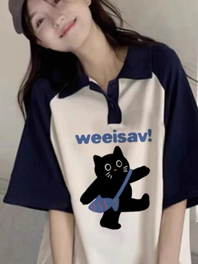 American Style Pure Cotton  Neck Short Sleeve T-Shirt Summer Loose Shoulder Insertion for Junior High School Girls