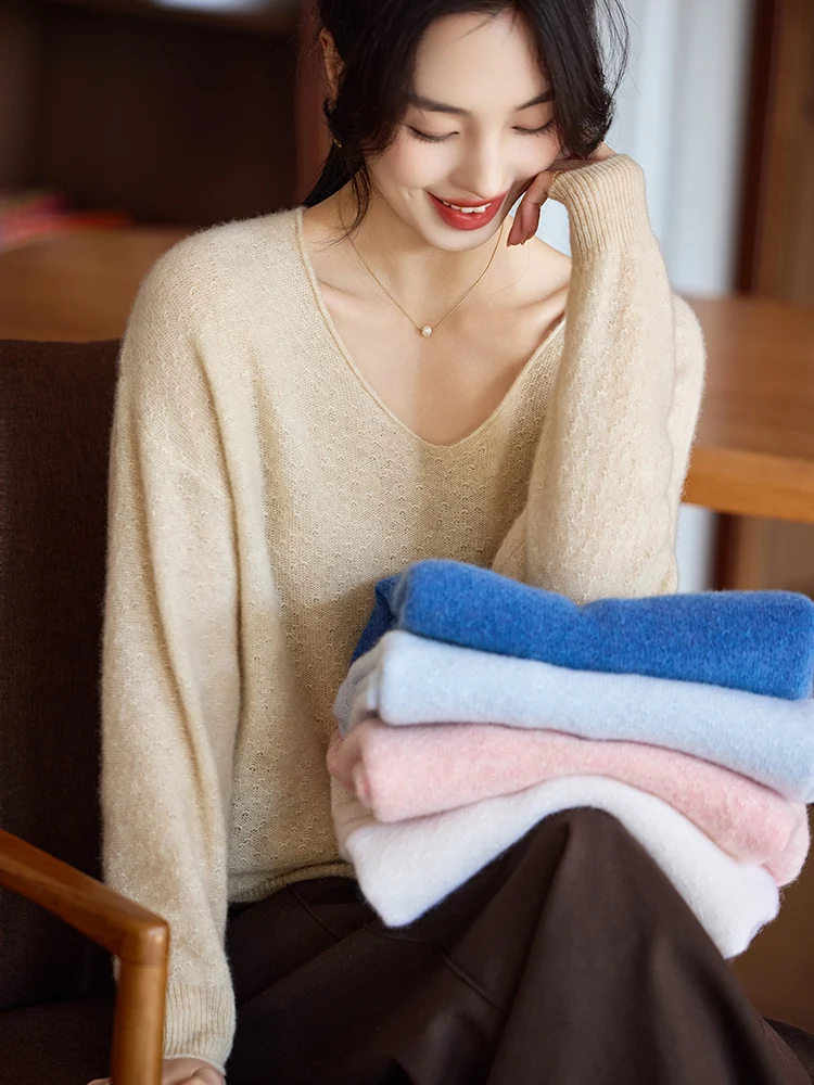 

Кашемировый свитер, женский вязаный пуловер из 100% чистой шерсти с v-образным вырезом и длинными рукавами, зима-осень 2025, новая корейская модная одежда, женская