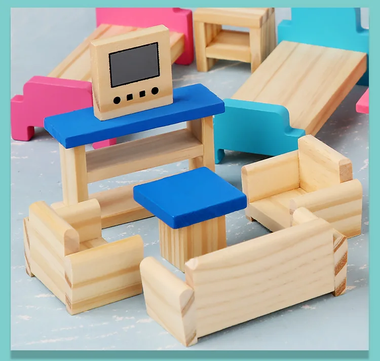 Wooden Miniature Dollhouse Furniture Accessories Kit Pretend Play Living Room Bedroom Dining Kitchen Bathroom Imitation Game