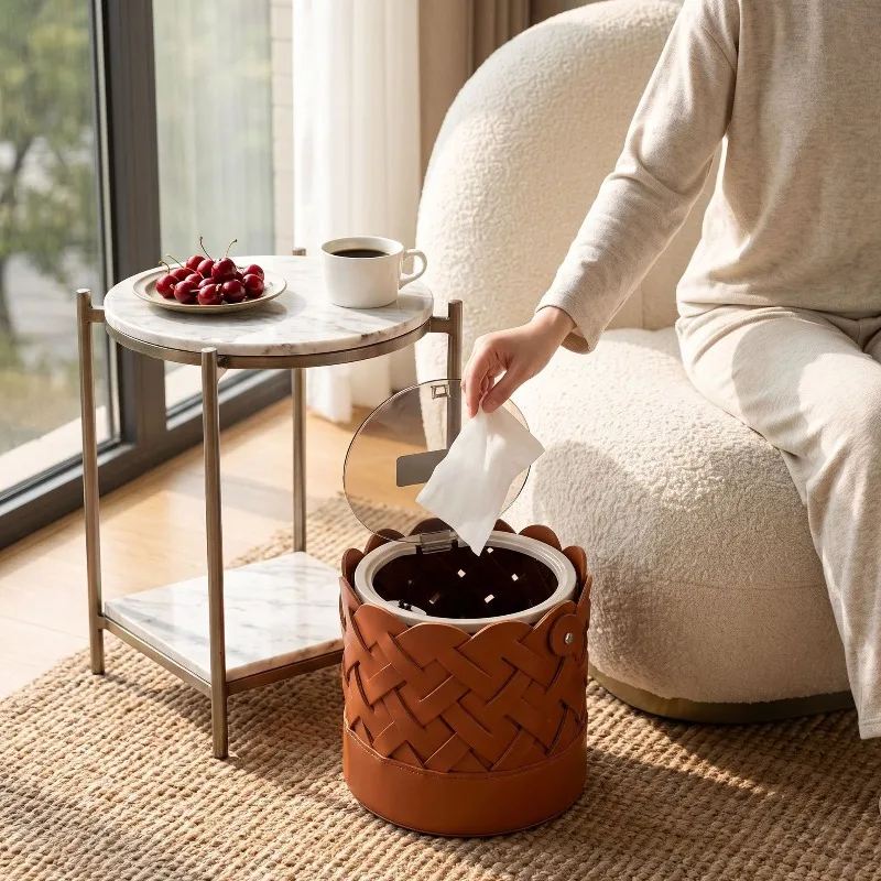 Leather Trash Bin with Lid Weaving WasteBasket with Handle Press Desktop Trash Can  Modern Luxury Creative Living Room Waste Bin