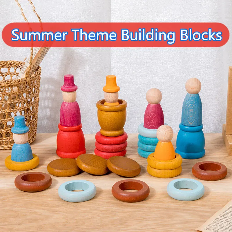 Montessori Rainbow Building Blocks Children Toys Beech Wooden Four Seasons Theme Cups Stacked Construct Puzzle Game Sensory Toys