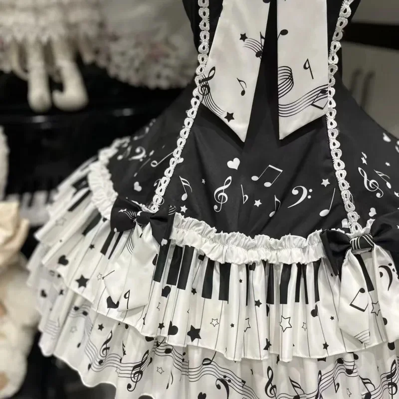 Y2K Aesthetic Sleeveless JSK Dress, Black White Piano Music Note Pattern, Bowknot Decor Sweet Lolita Party Photoshoot Dress New
