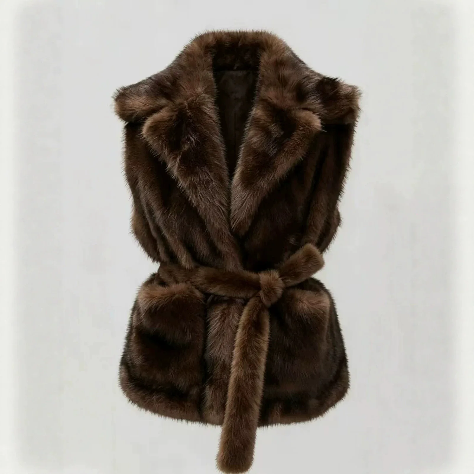 Hooded Cafe Stripe Short Faux Fur Vests with Belt Faux Mink Furry Jackets Fluffy Casual Plush Coats Thick Warm Outerwears Luxury