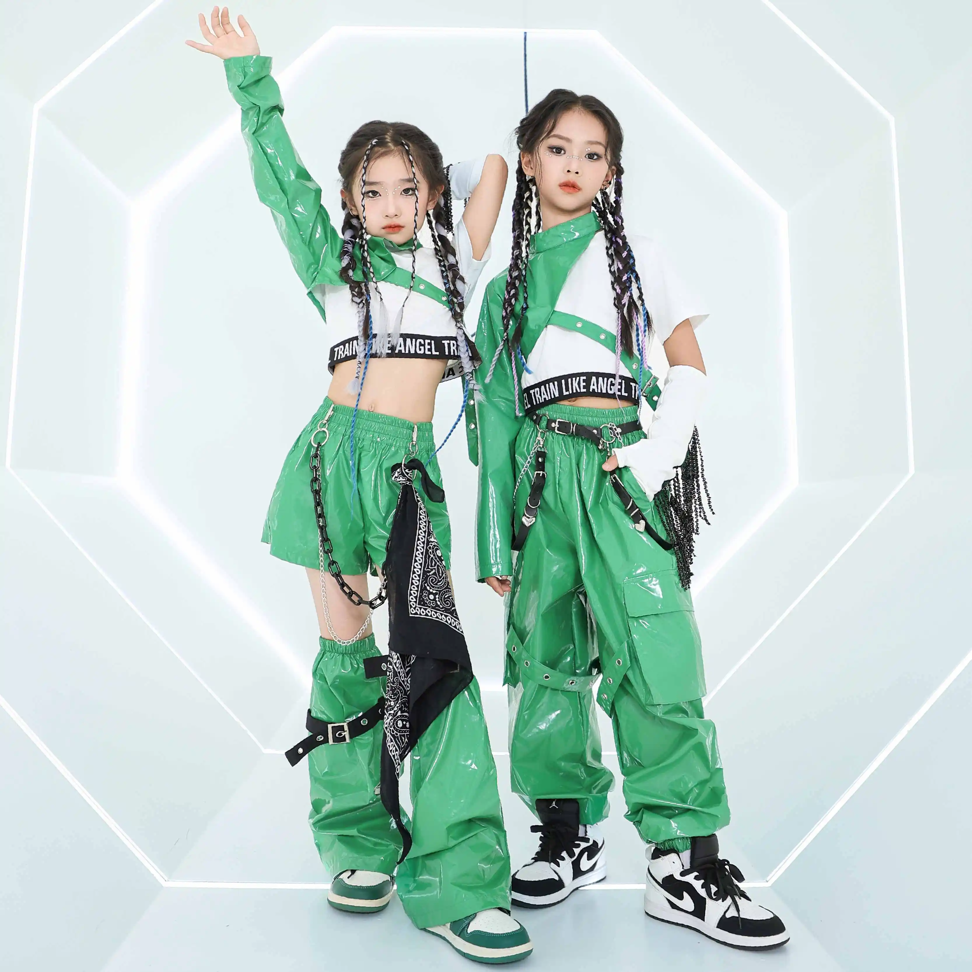 Jazz Dance Costume Girls Hip Hop Outfits Green Sleevs Pants Kids Street Dance Performance Clothes Group Stage Clothing BL14042