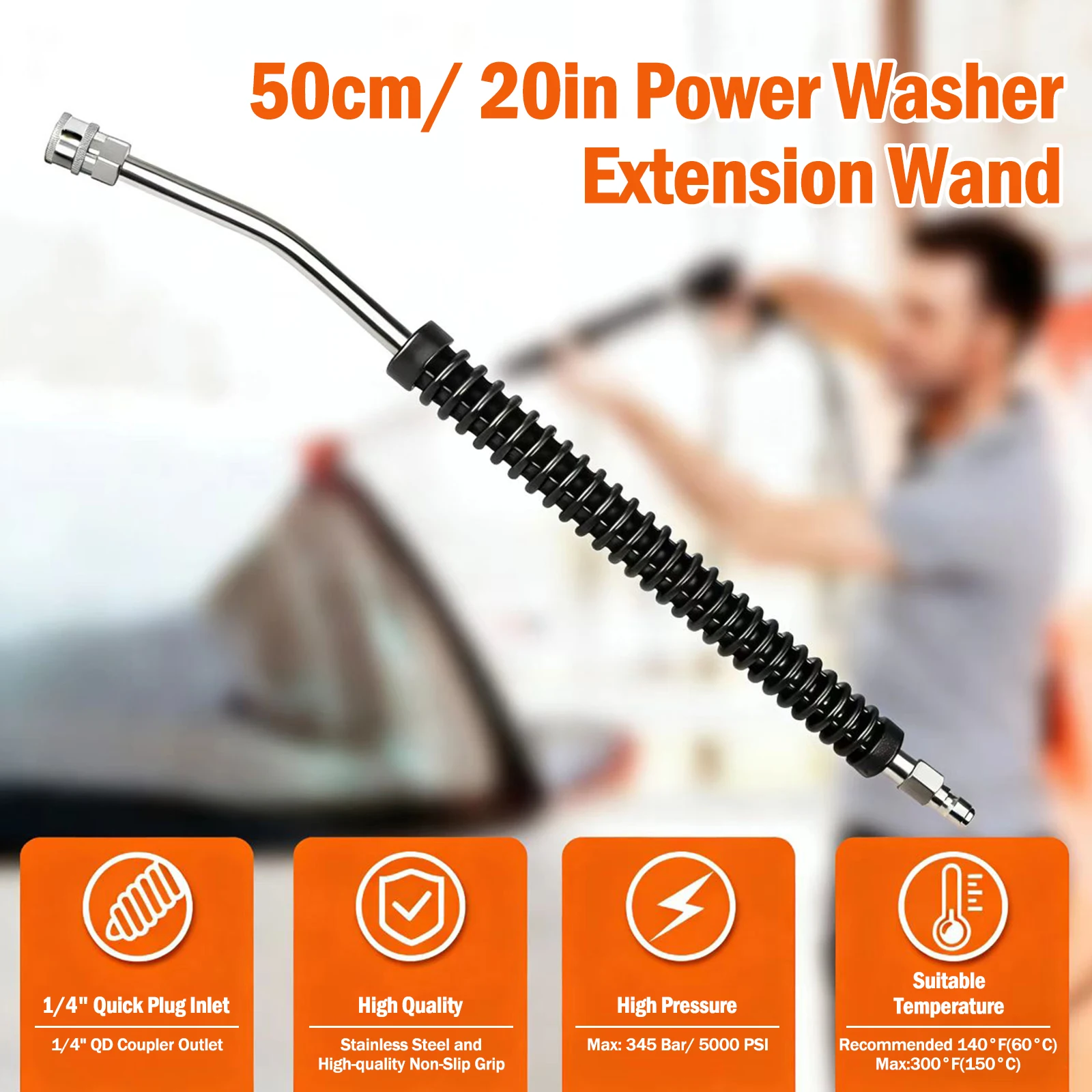 Car Pressure Washer Extension Wand Power Washer Wand Extension for Car Wash Stainless Steel Non-Slip Grip with1/4” Quick Connect