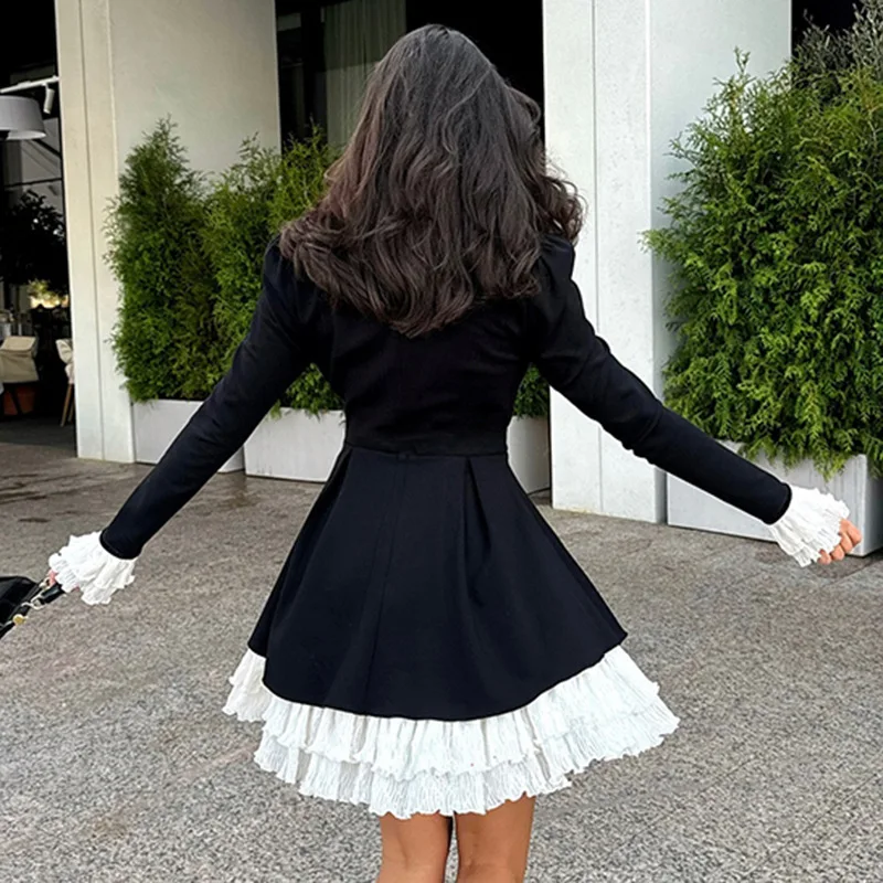 Tornova elegante kanten jurk met ruches, damesjurk met veters, chique zwart fluwelen jurk, contrasterende korte jurken met lange mouwen, hoge taille, vrouw