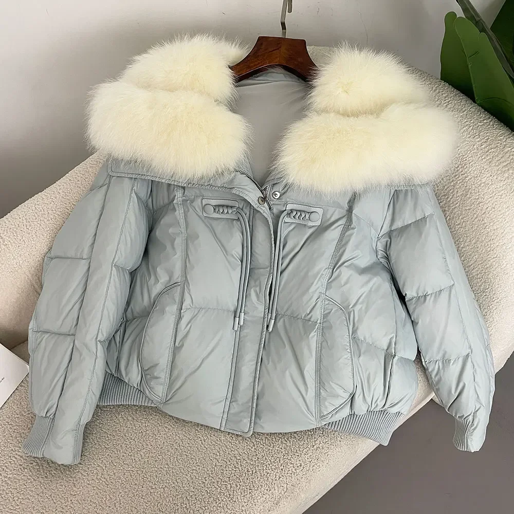 2024 Autumn Winter Versatile Loose Casual Down Jacket Warm Thickened 90% White Duck Down Spliced with Oversized Fox Fur Collar