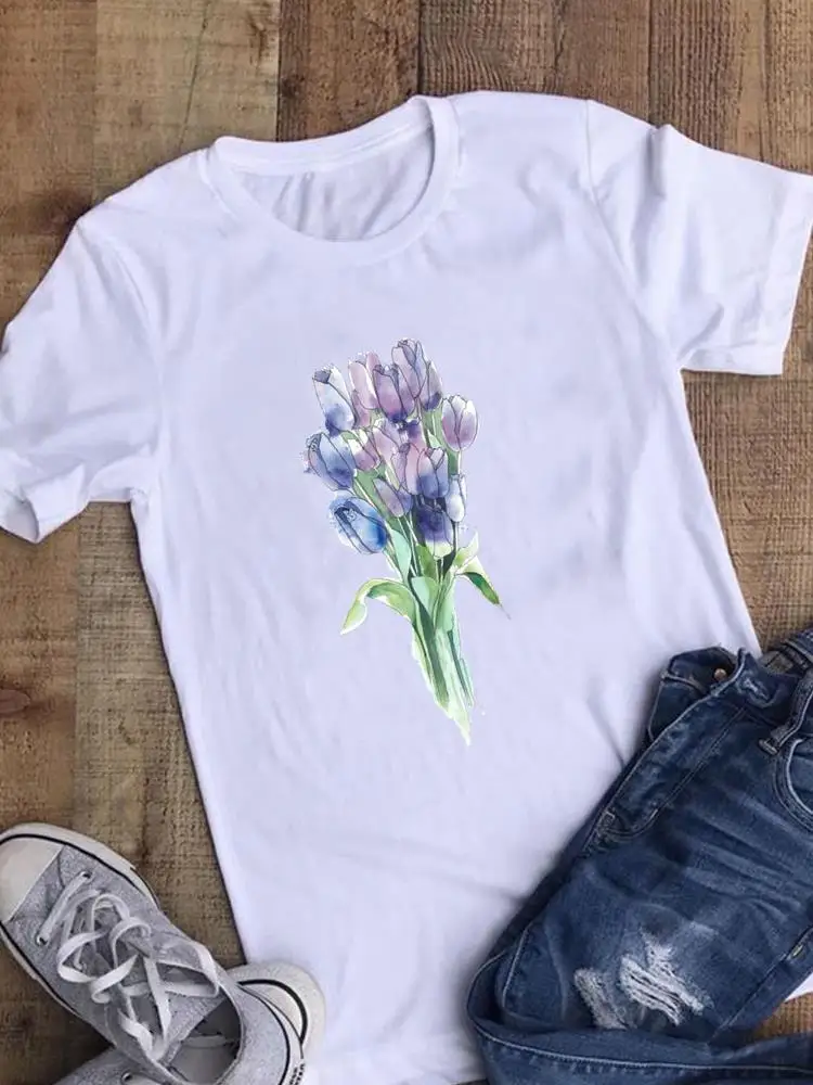 Watercolor Flower Floral Trend Women Fashion Casual Clothing Summer Graphic T Shirt Short Sleeve Tee Top Female Print T-shirt