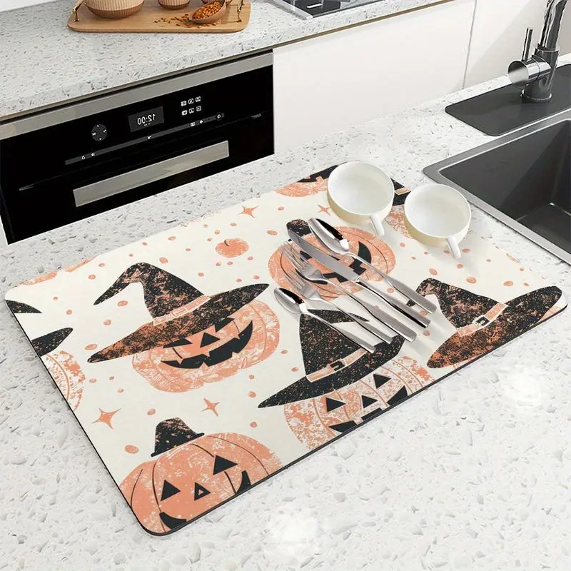 VIKAMA Retro Halloween Drip Mat, Absorbent and Non-Slip Coffee Maker Mat with Pumpkin, Witch Hat, and Star Print, Home Decor