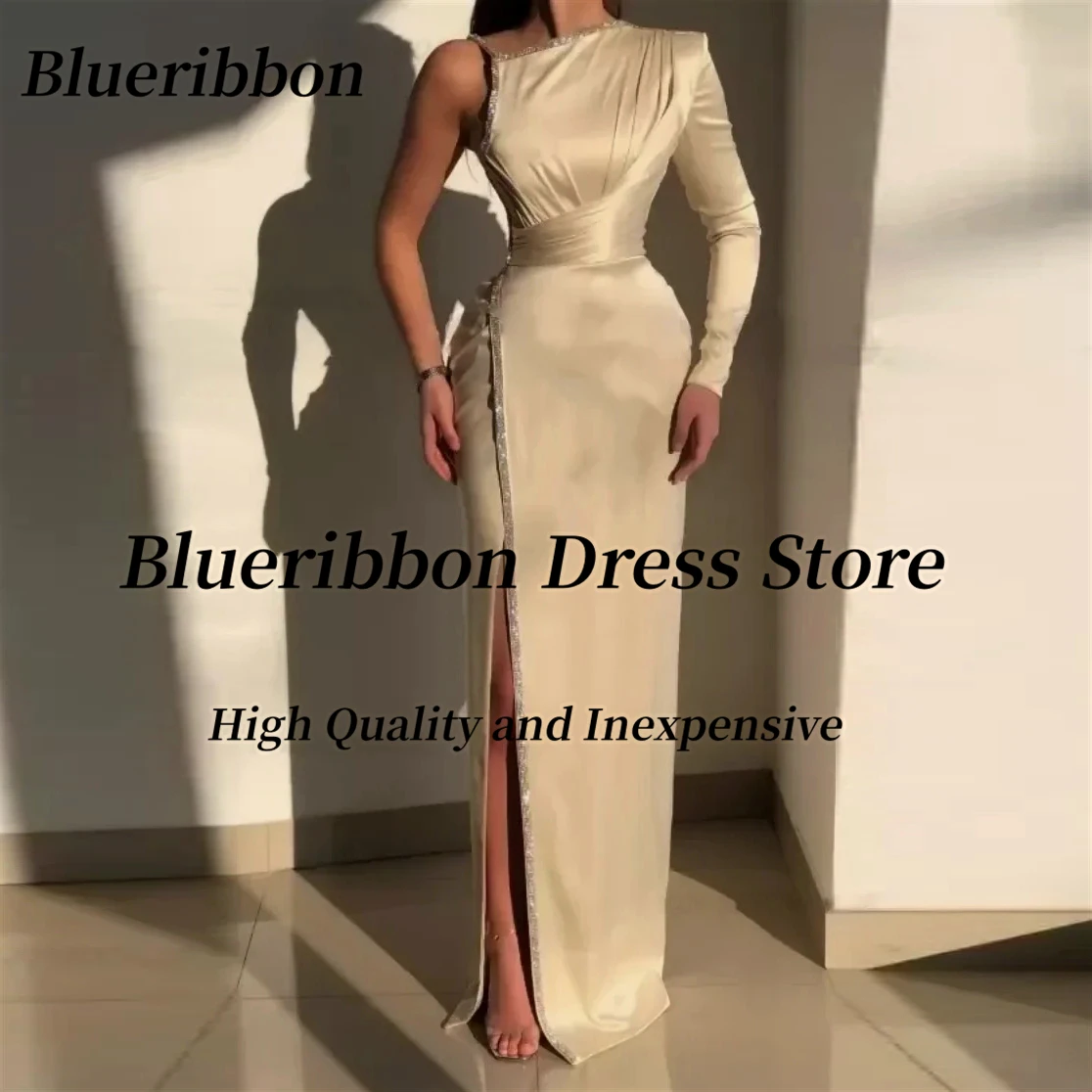 Blueribbon Vestidos Des Prom Dresses Side Slit Chain Drill Evening Party Gowns Long Sleeve Birthday Banquet Dress