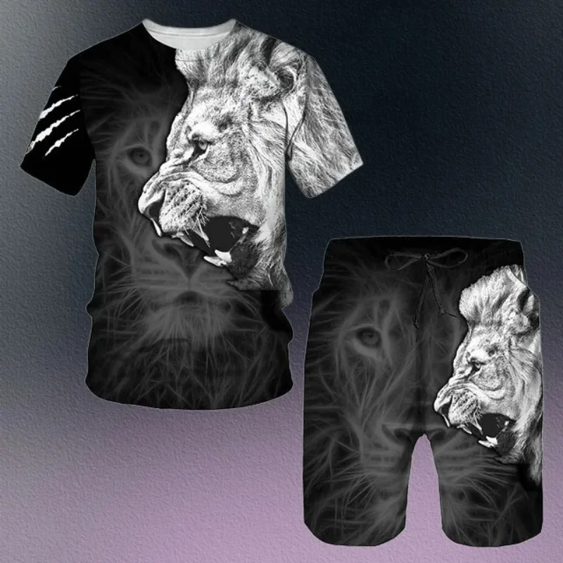 2025 Hot Selling Summer Men's 3D Tiger Pattern Round Neck T-shirt Shorts Set Fashionable Casual Wear, Street Wear Sportswear Set
