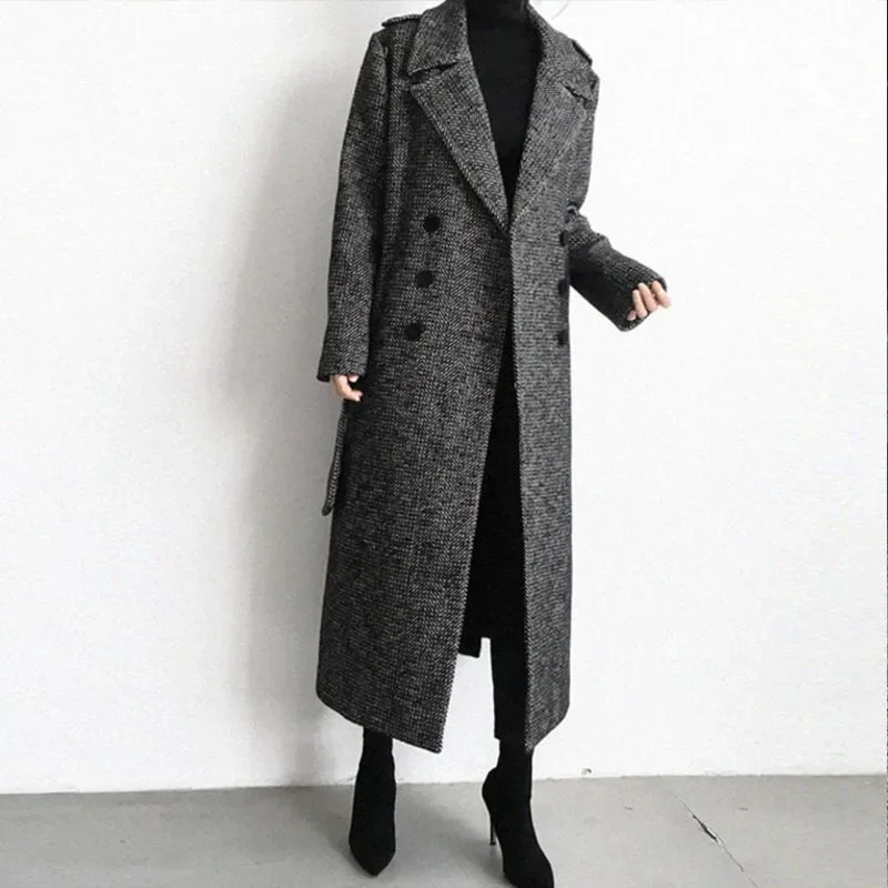 Winter New Women Fashion Long Below Knee Wool Coat Female Plaid Casual Temperament Thick Trench Coats All-match Woolen Outwear