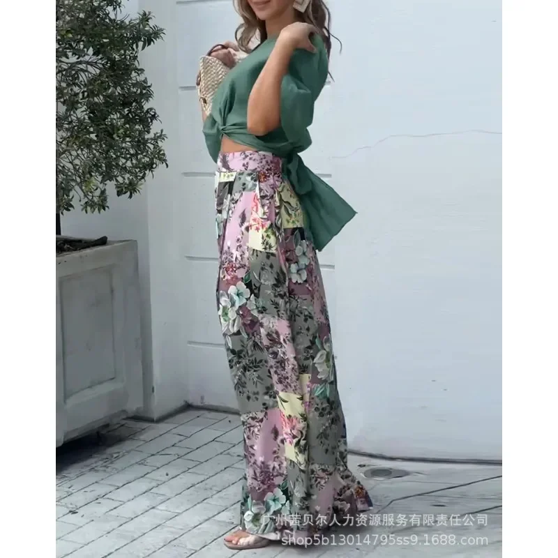 

Wide-Leg Trousers Twisted Crop Top Long Trend Pants Sets Women Short Button Top Suit Full-Length Floral Wide Leg Pants Sets