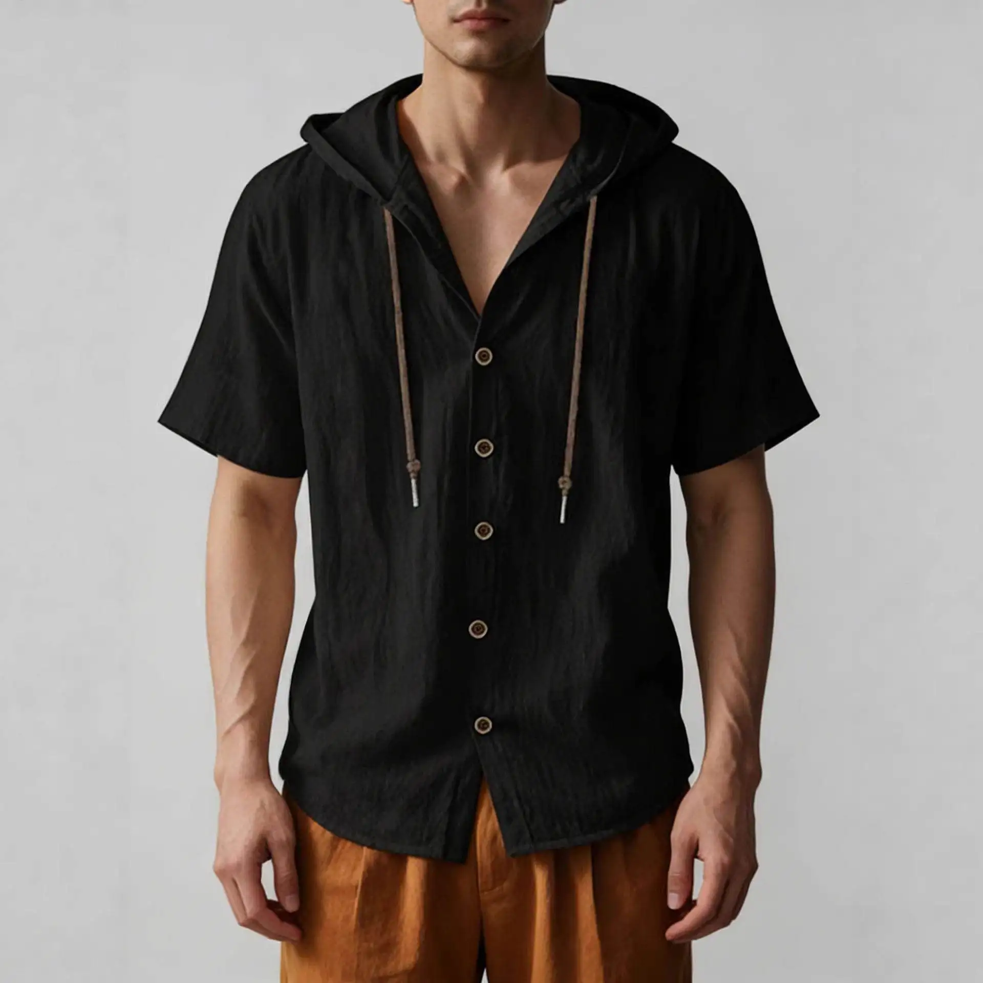 Lightweight Cotton Linen Open Cardigan Loose Fit Short Sleeve  Color Men's Shirt Thin Summer Casual Cleanfit V-neck