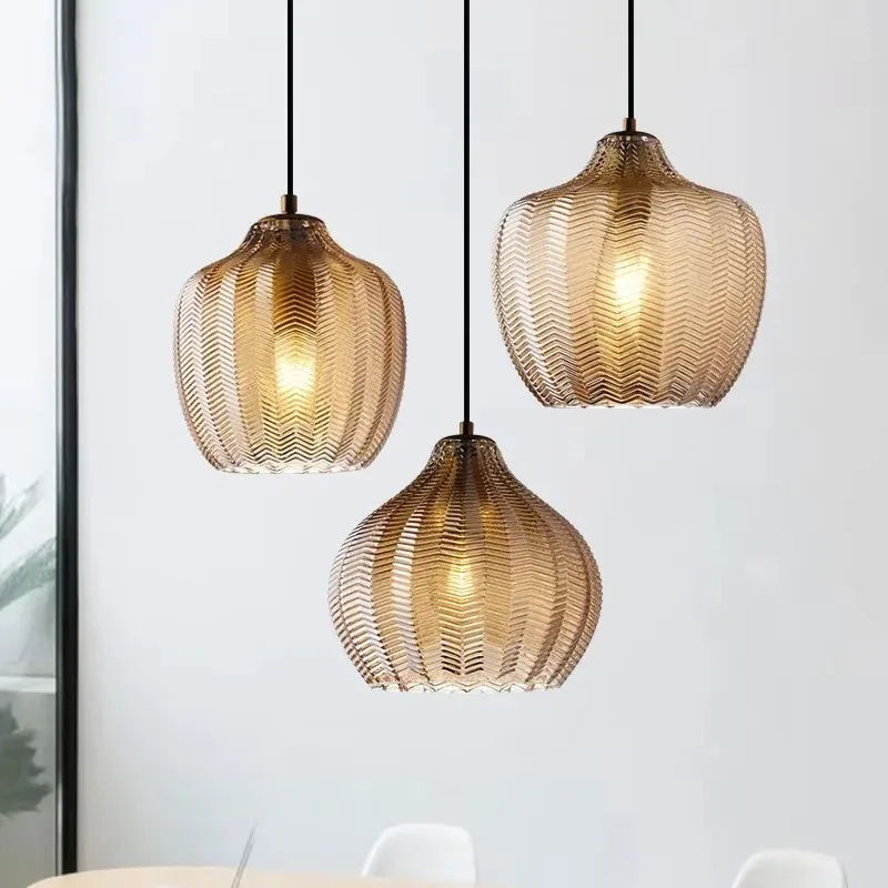 MandosBor Cognac Gray Glass Pendant Lights E27 Bulb For Dining Room Kitchen Bedside Lamp Cord Adjustable