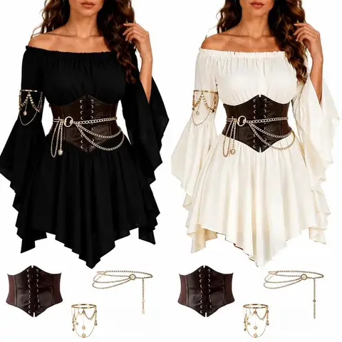 Womens Sexy Medieval Pirate Costume Off Shoulder Renaissance Dress Gothic Bell Sleeve Corset Chain Belt Halloween Cosplay Outfit