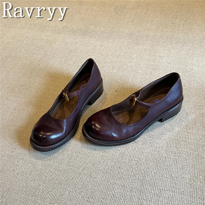 

Retro British Style Round Toe Mary Jane Shoes Shallow Thick Heels Solid Color Buckle Single Shoes Ladies Office Dress Shoes