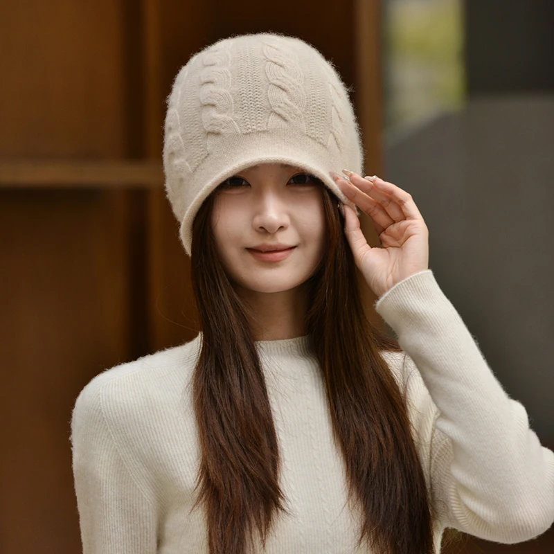 100% الكشمير الخالص سبعة إبرة سميكة محبوك قبعة المرأة الشتاء الملتوية على البخار لفات حافة قبعة حماية الأذن الدافئة والباردة