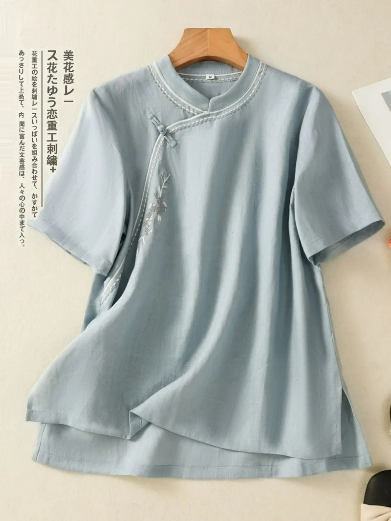 Chinese Style Vintage Loose Cotton Linen Blouse Women Spring Summer Frog Buttons Short Sleeve Stand Collar Long Soft Split Tops