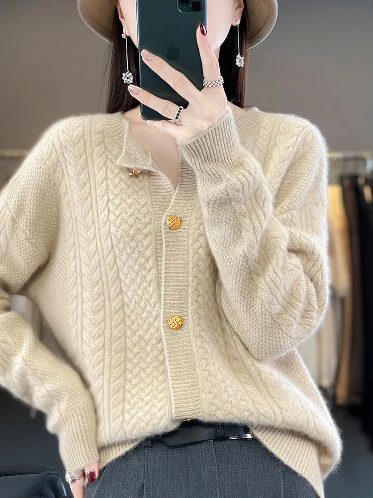 

Autumn Winter Women Twist Flower Cardigan O-Neck Thick Cashmere Sweater 100% Merino Wool Knitted Soft Warm Casual Knitwear