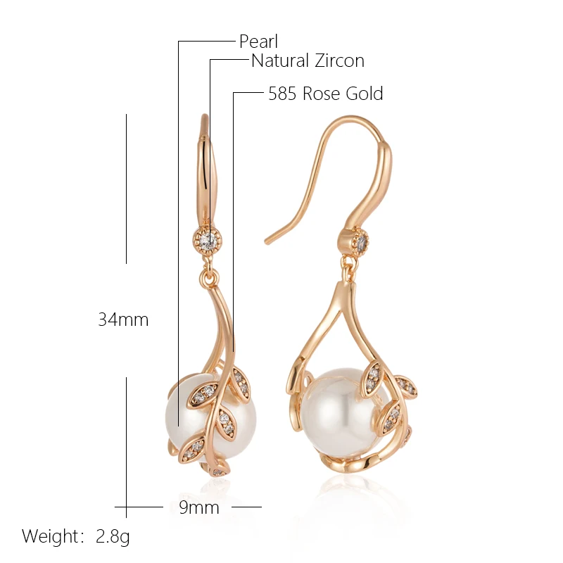 Kinel Hot Pearl Long Drop Earrings For Women Trendy 585 Rose Gold Color Natural Zircon Vintage Flower Party Fine Daily Jewelry